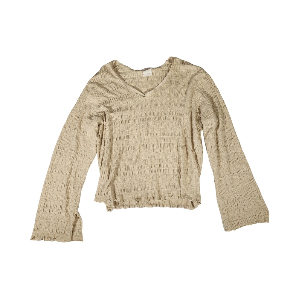 Fiorlini International Tan Smocked V-Neck‎ Bell Sleeve Top Lettuce Hem Womens
